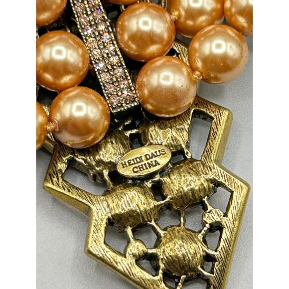 Heidi Daus Champagne Pearls Triple Strand Necklace Large Crystals Pave Pendant - Picture 7 of 8